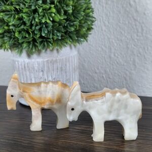 Set 2- Stone Donkey Figurines Hand Carved Onyx/Alabaster/Marble Animal Art Decor